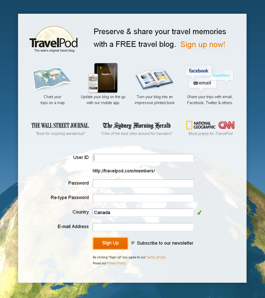 TravelPod Landing Page